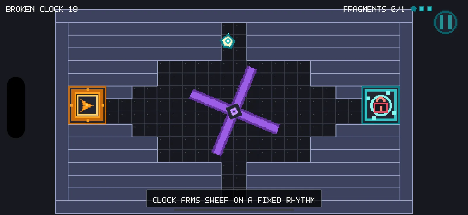 Offset arena with a rotating violet clock-arm hazard between the player and the exit