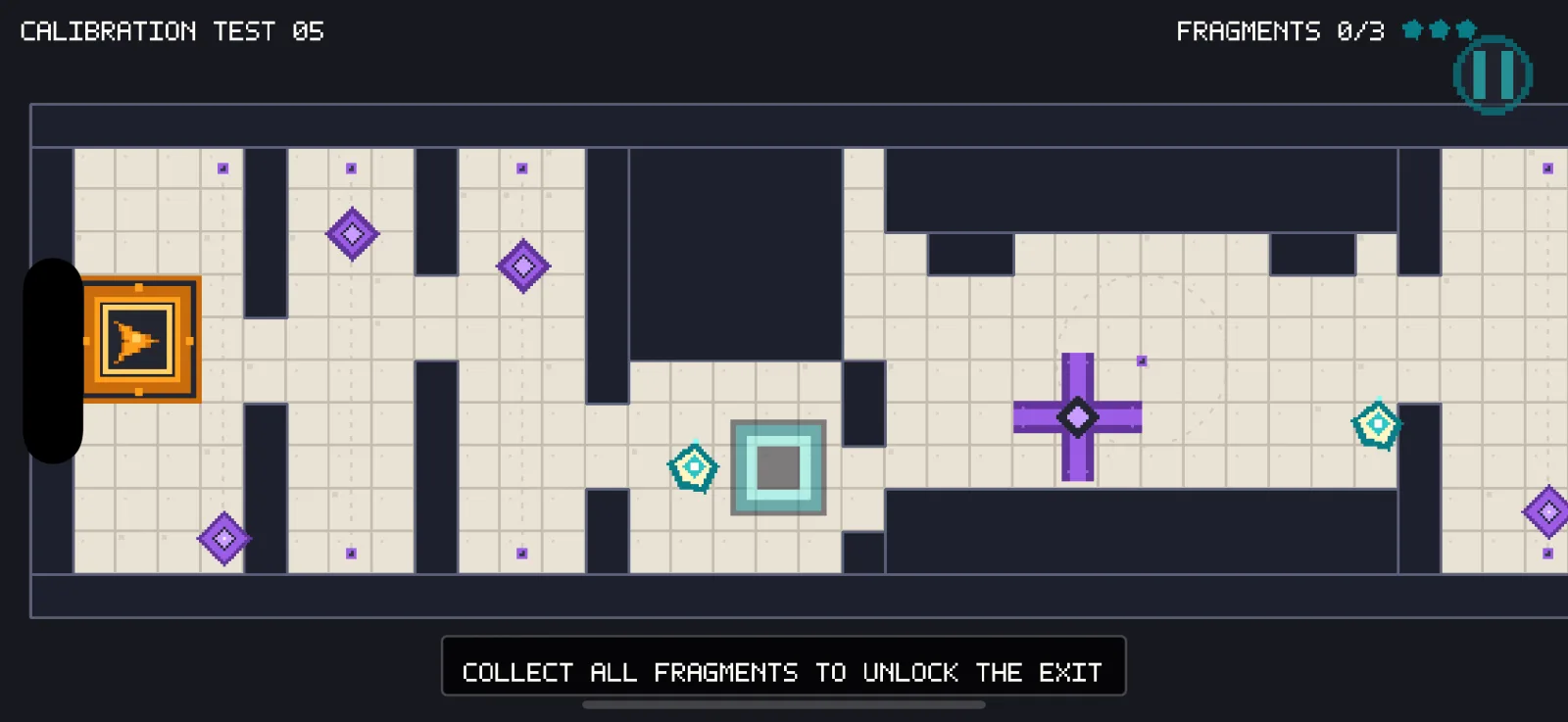 Offset level with an amber player, violet hazards, cyan checkpoint, and ivory maze walls