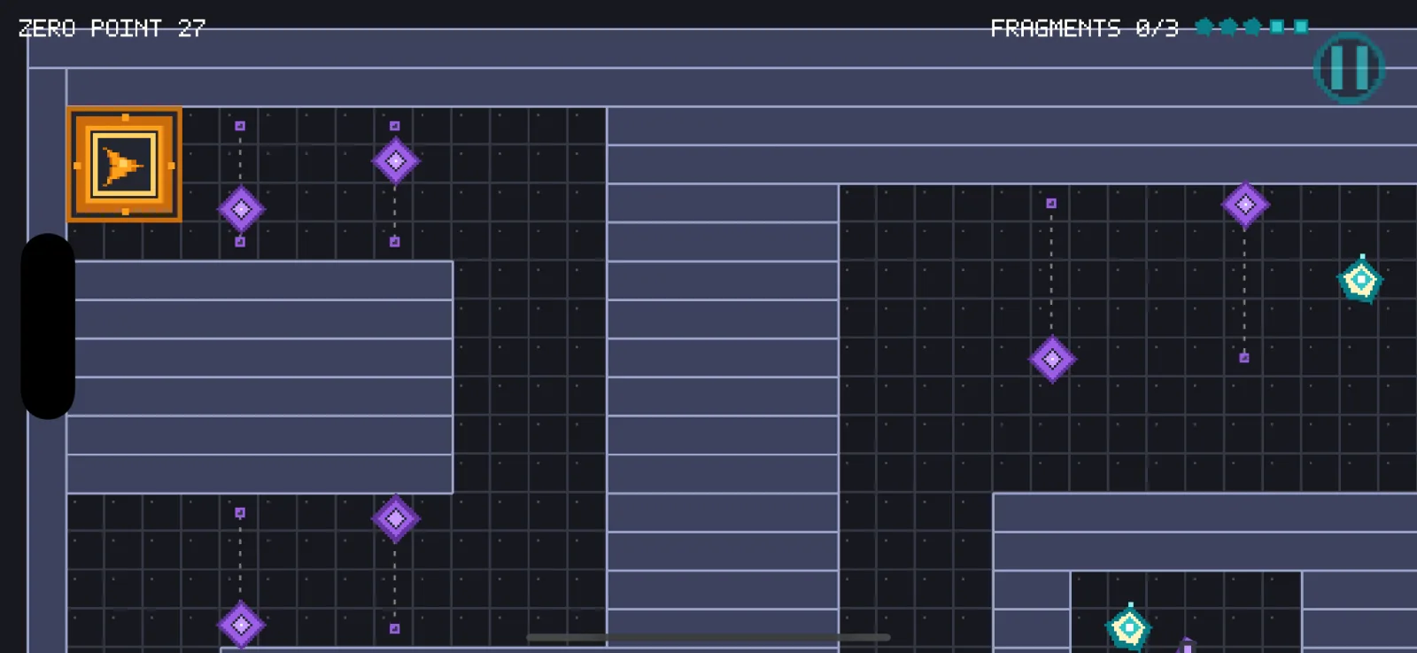 Offset final arena with a long route, moving violet hazards, fragments, and checkpoints